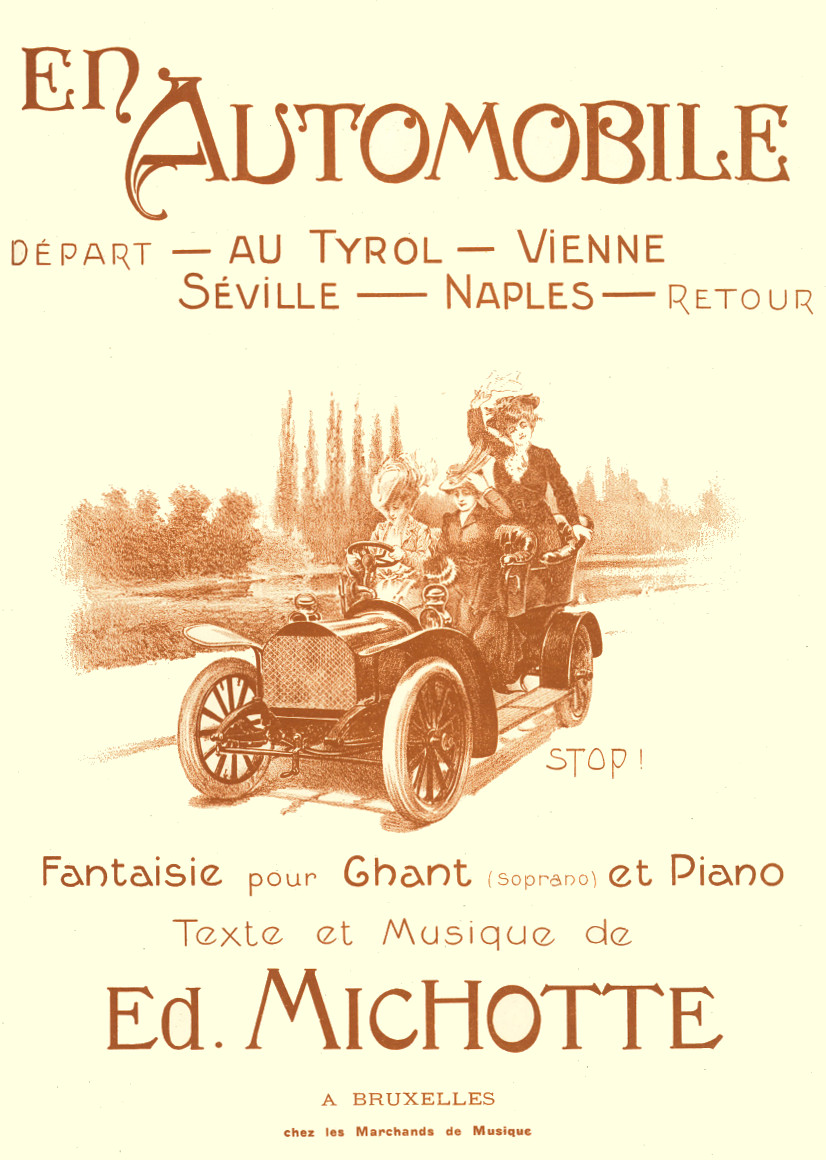 Michotte’s musical  car trip. With this phantasy 'En automobile' he seems to join the style of the 'Péchés de vieillesse' of his idol Rossini. This Brussels edition from around 1890 has an attractive cover that matches the theme of the composition. B-Bc 27095.